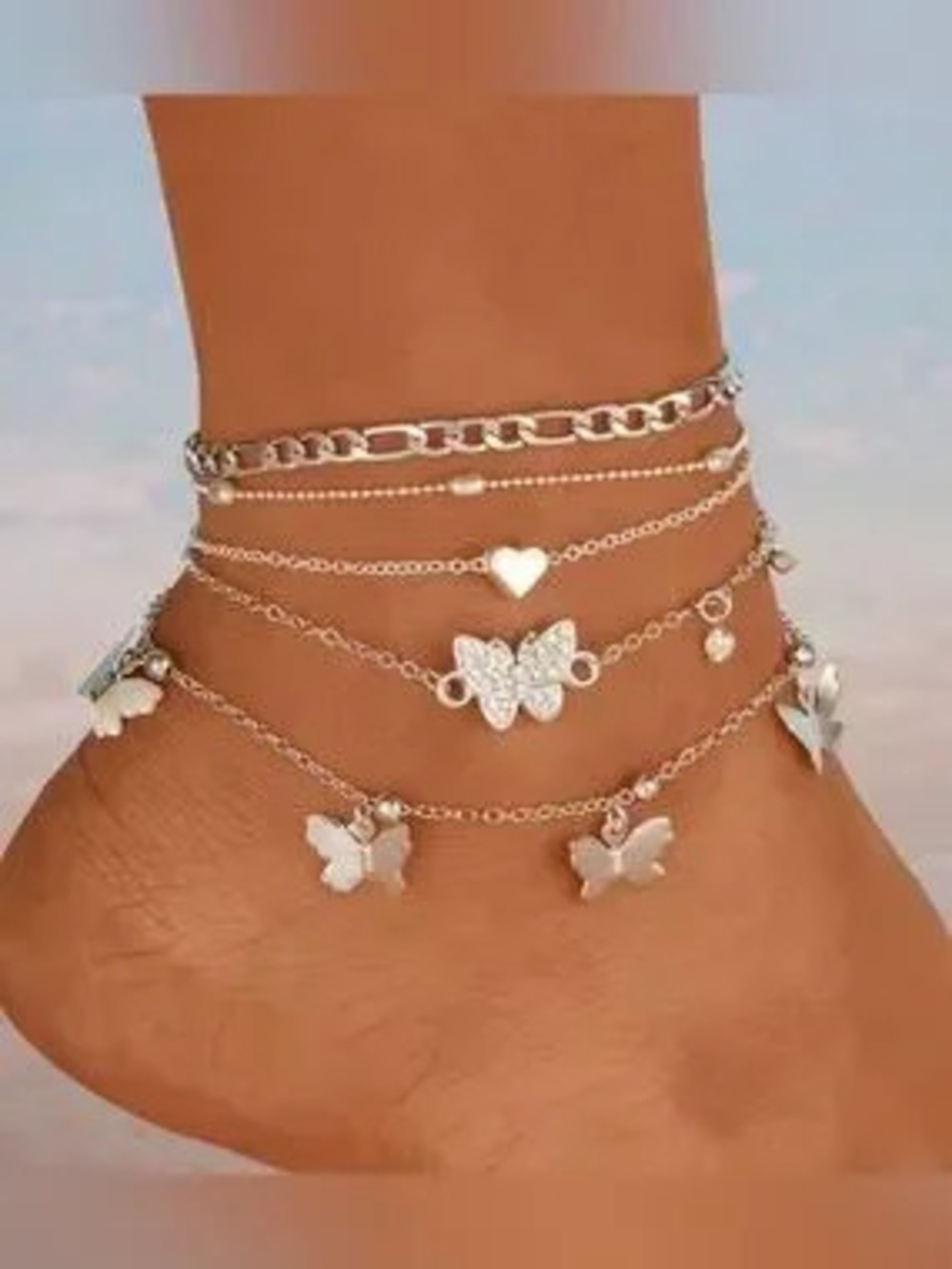 Silver Butterfly & Heart Layered Anklet Set